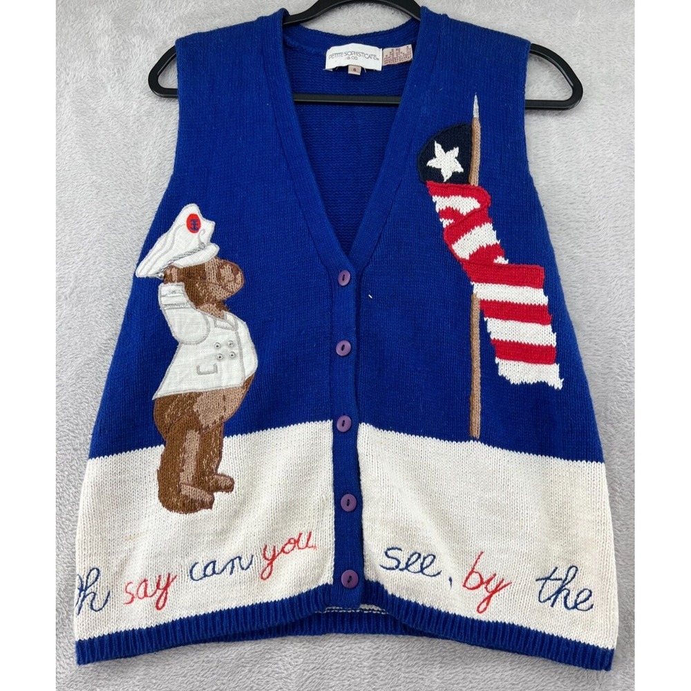 VTG Petite Sophisticate Sweater Vest Womens Small Patriotic 4th of July Cardigan